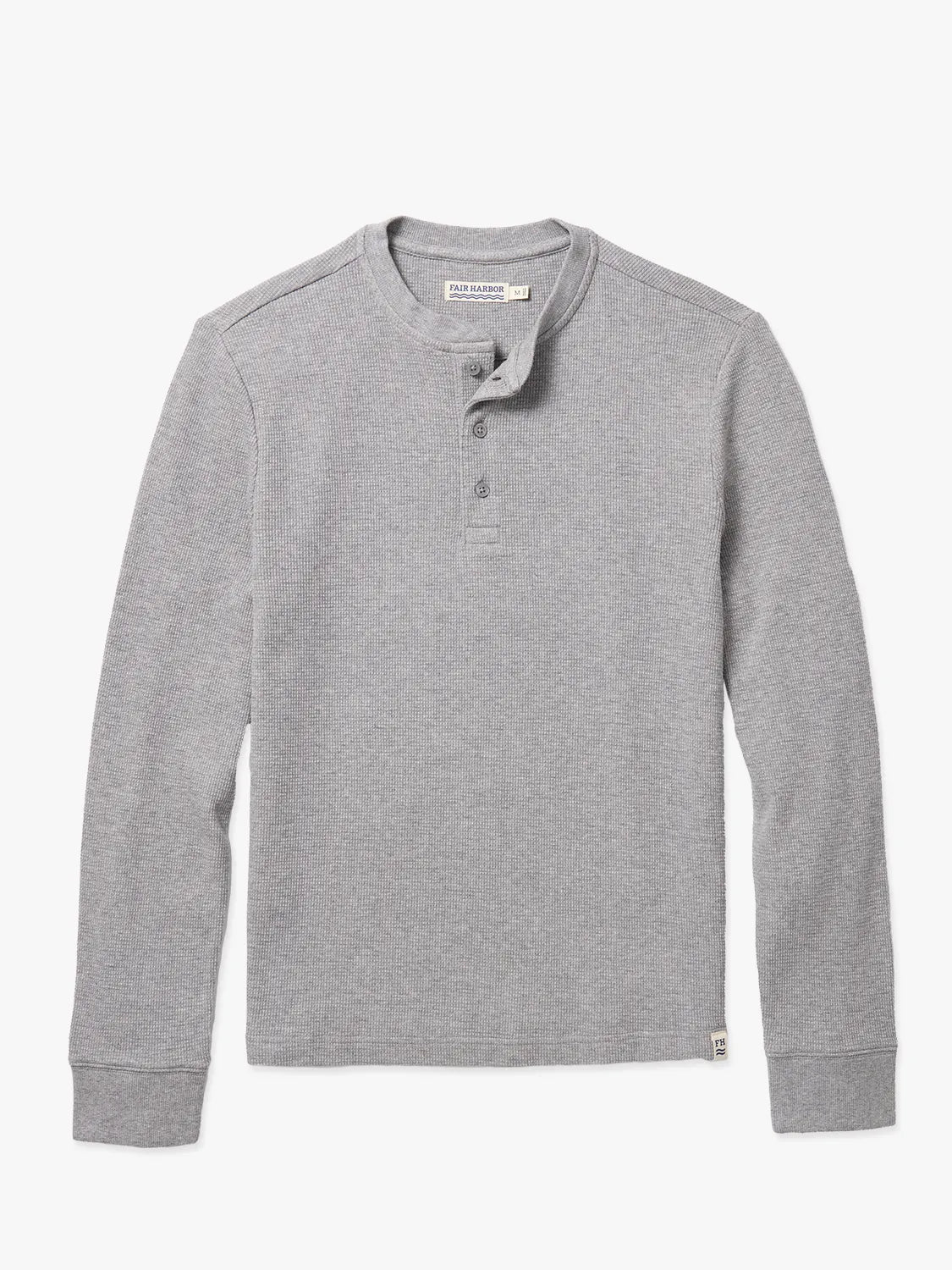 Gray long-sleeve waffle henley shirt on a white background