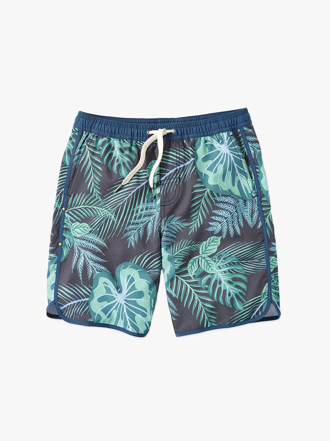 A pair of Anchor Trunks with a navy blue and green tropical leaf pattern, featuring a drawstring waist on a white background. 