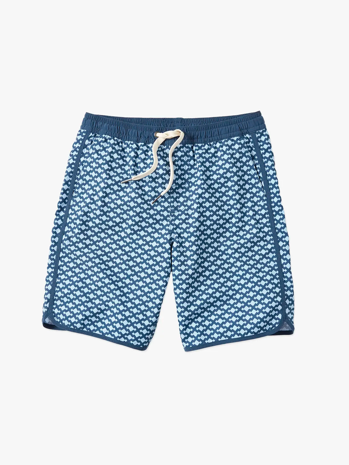 A pair of kids Anchor Trunks with a geometric pattern in shades of blue, featuring a drawstring waist against a white background. 