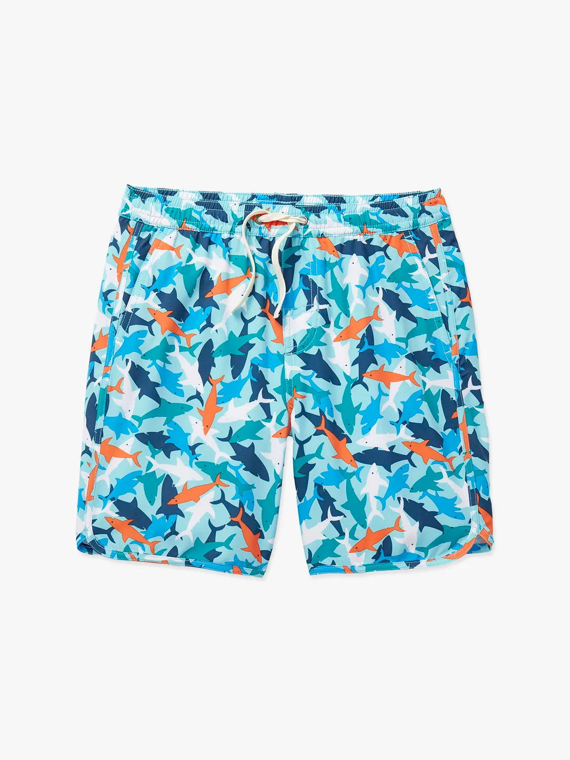 Multi colored shark-patterned swim shorts with a drawstring on a white background.