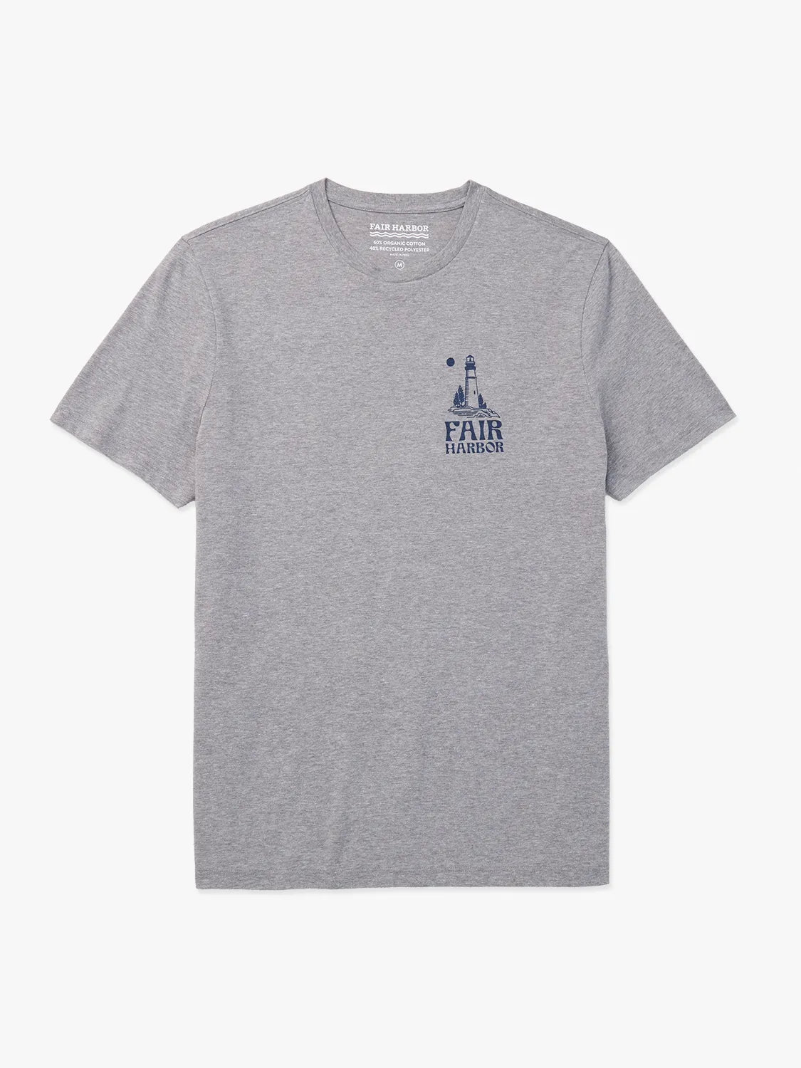 Grey t-shirt with a blue logo on right chest and text on a white background