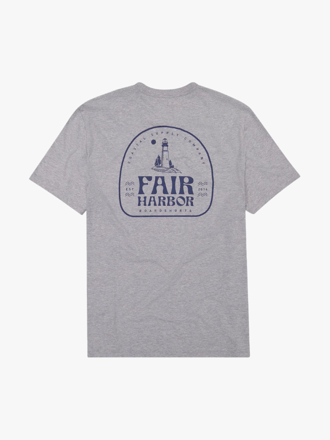 Gray kismet t-shirt with 'Fair Harbor' logo on the back of t-shirt on a white background