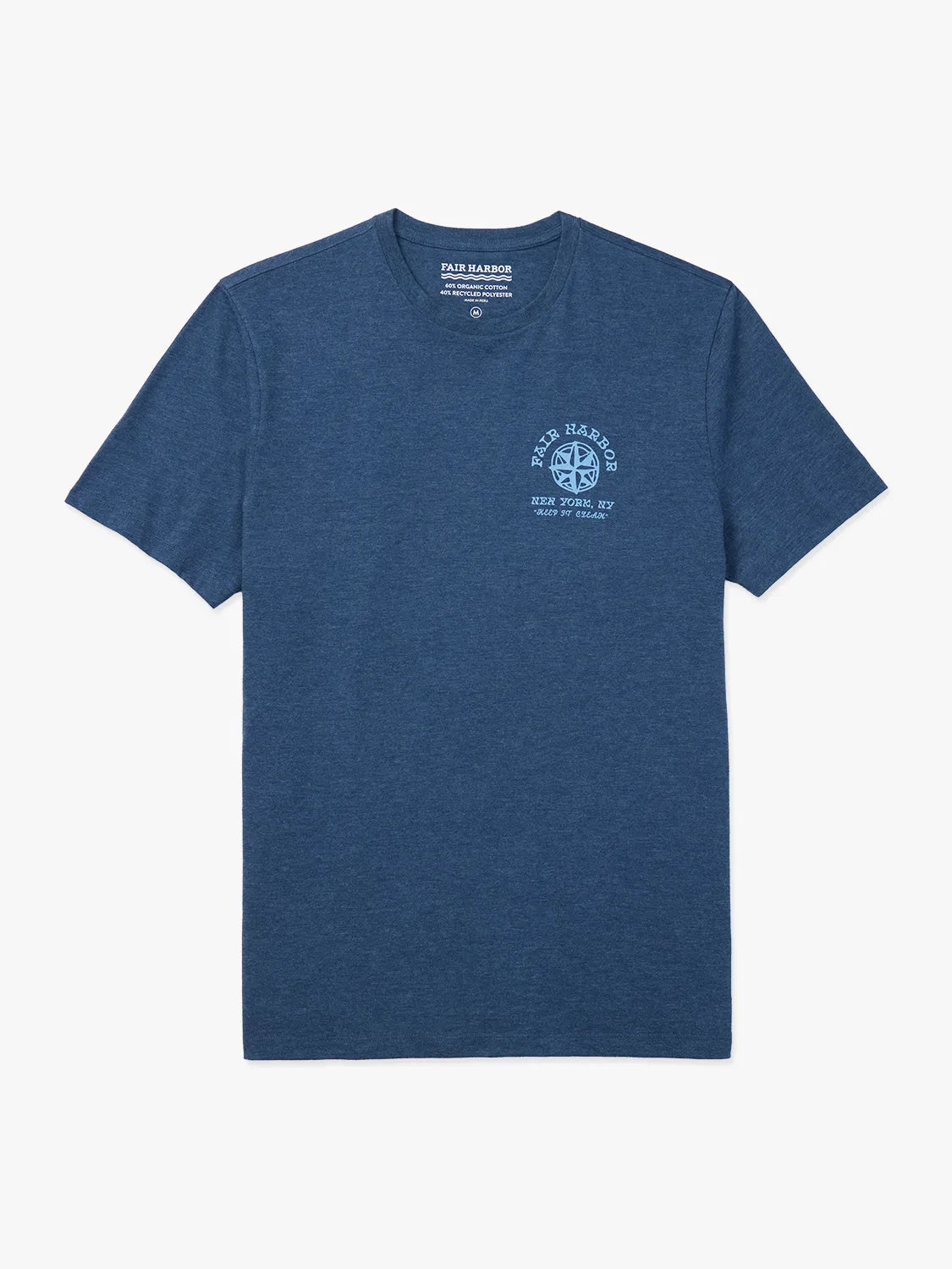 Navy blue kismet t-shirt with a logo on right chest a white background