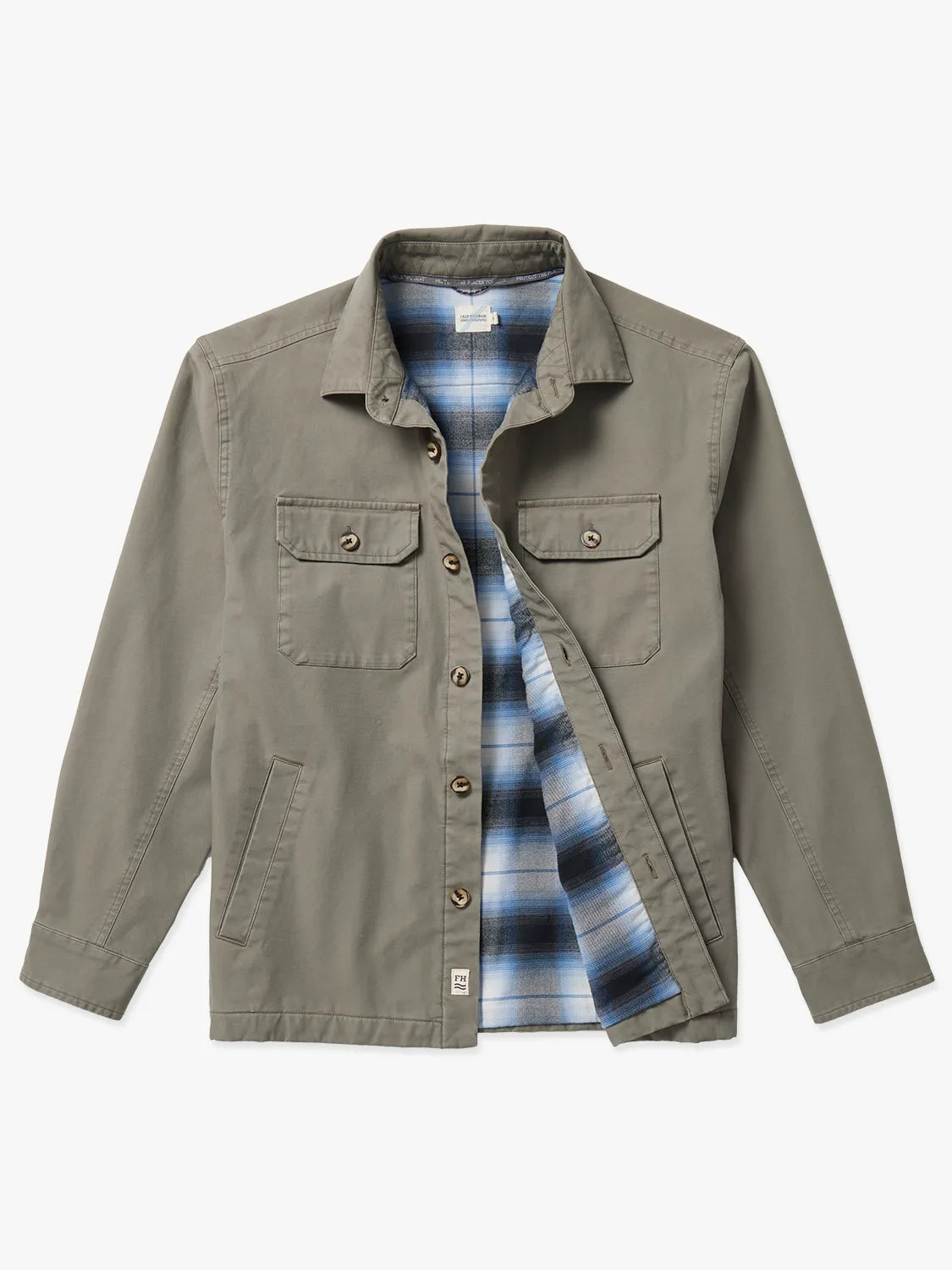 Olive green montauk jacket with plaid lining on a white background