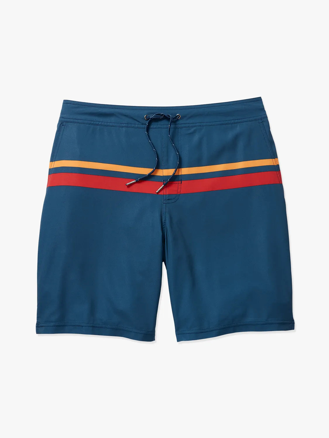 A pair of ozone blue board shorts with red and yellow stripes on the upper part and a drawstring at the waist on a white background. 