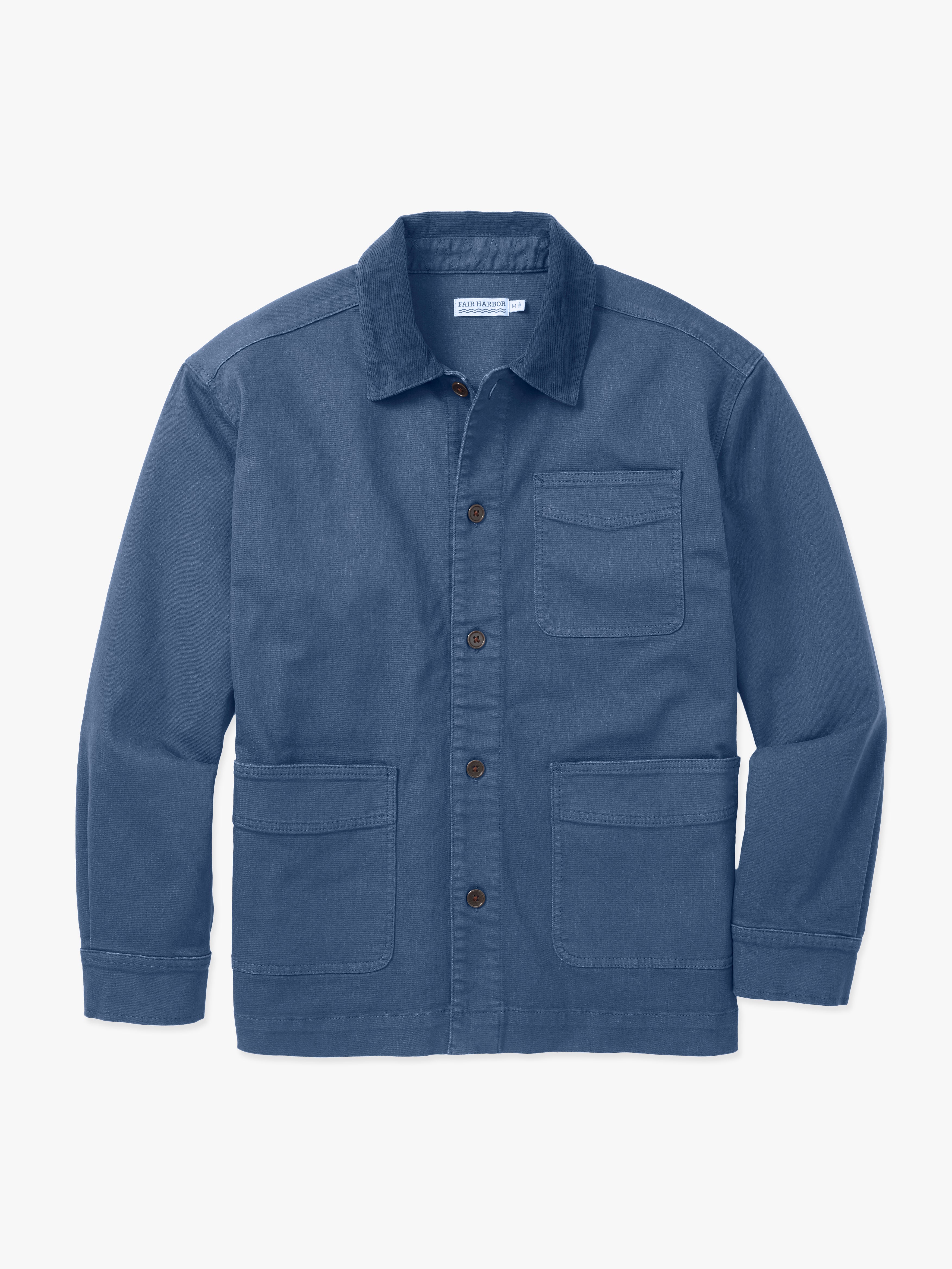 Blue barn style jacket with brown button details and tonal corduroy collar on a white background