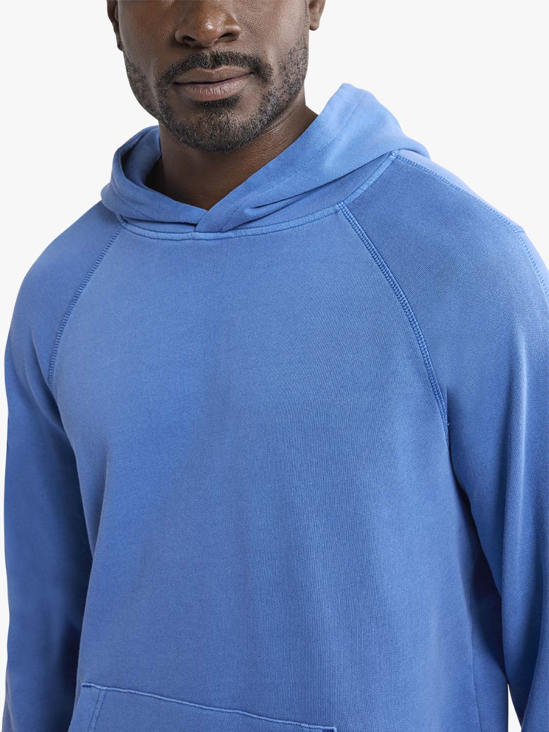 Man wearing a blue hoodie on a white background