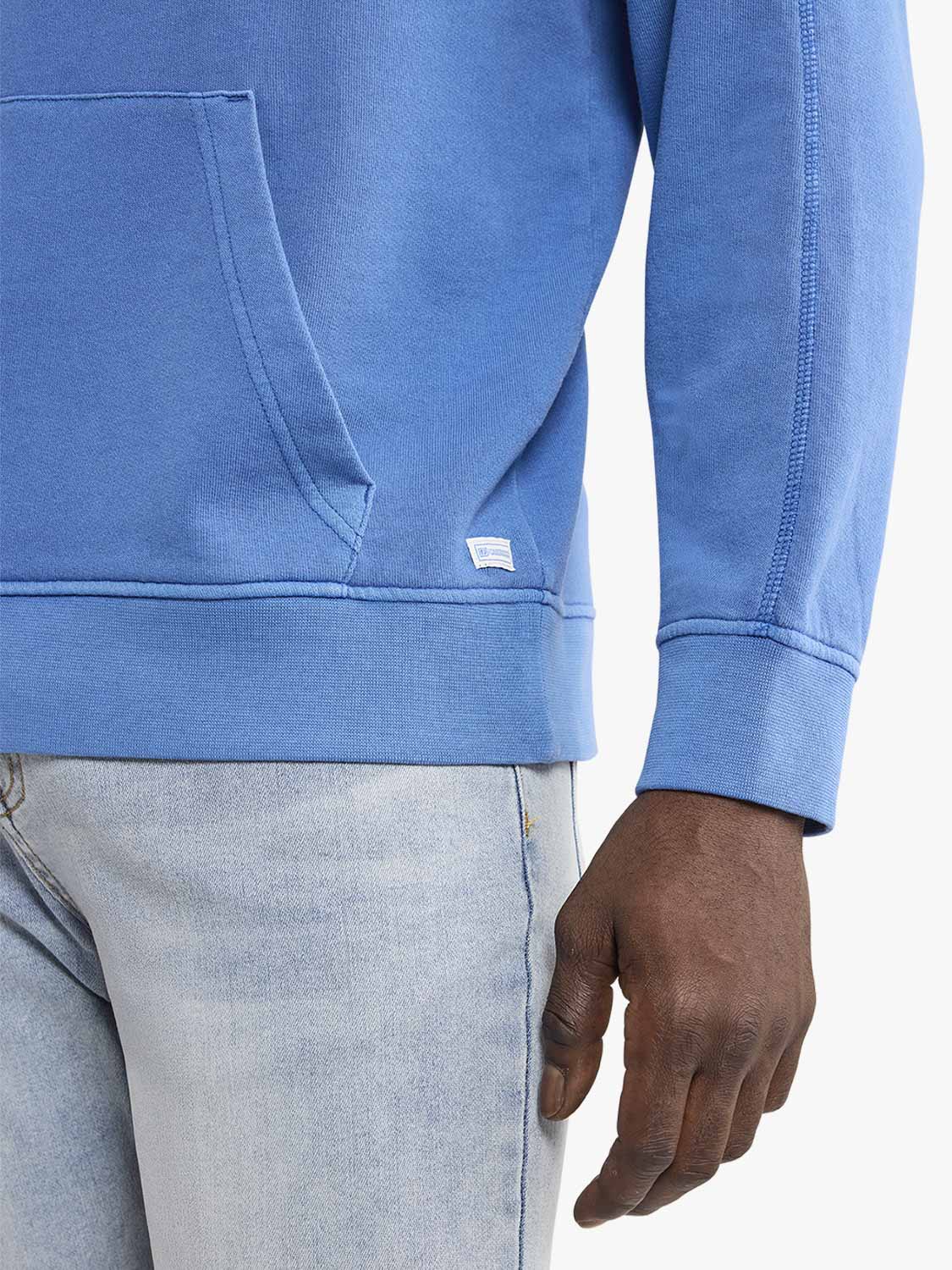Blue hoodie with a brand logo on a white background