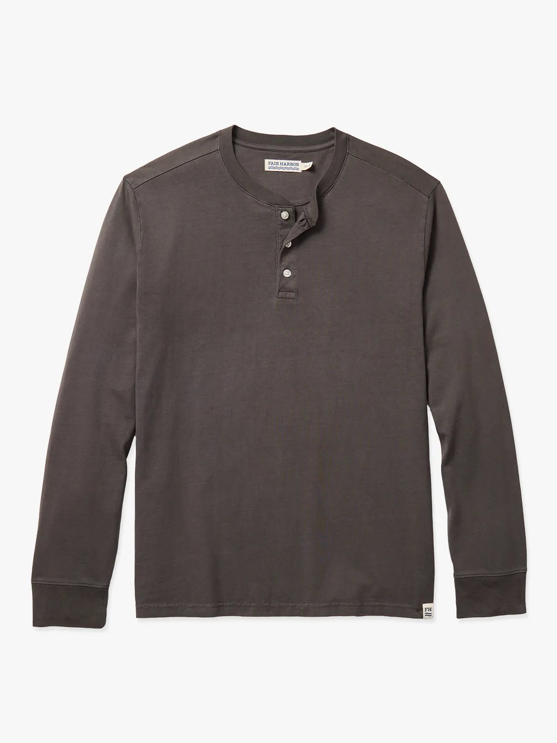 Black long-sleeve henley shirt on a white background