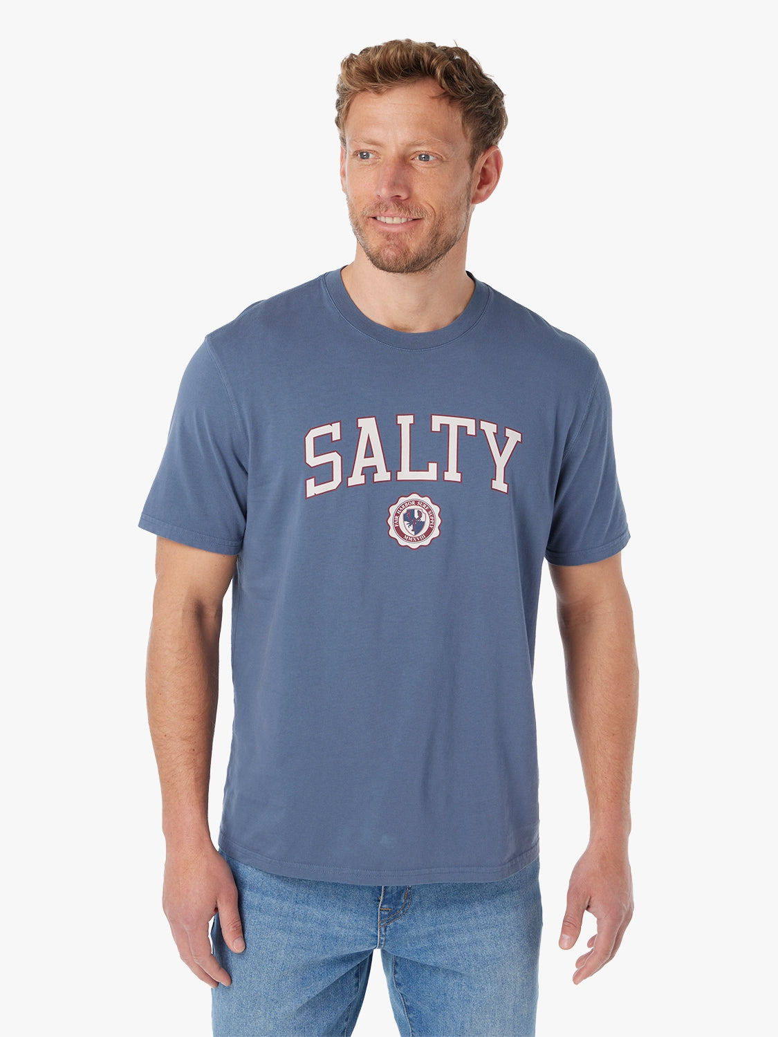 Man wearing a blue Saltaire t-shirt with 'SALTY' printed on it against a white background