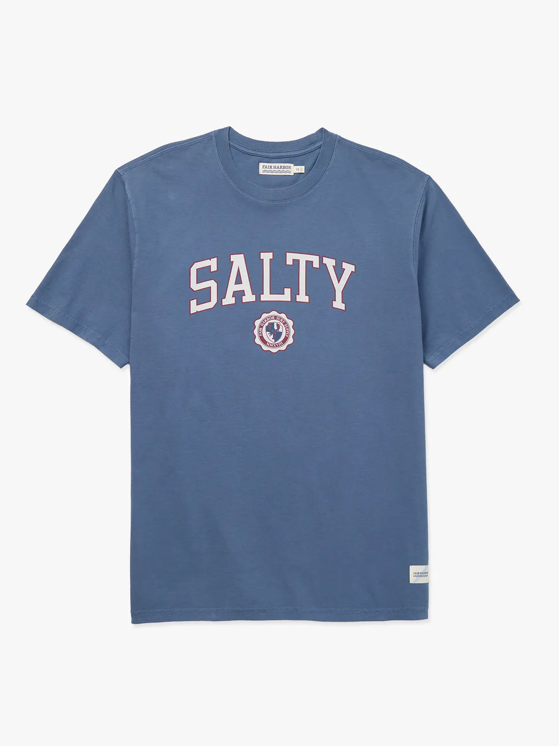 Blue Saltaire t-shirt with 'Salty' print on a white background