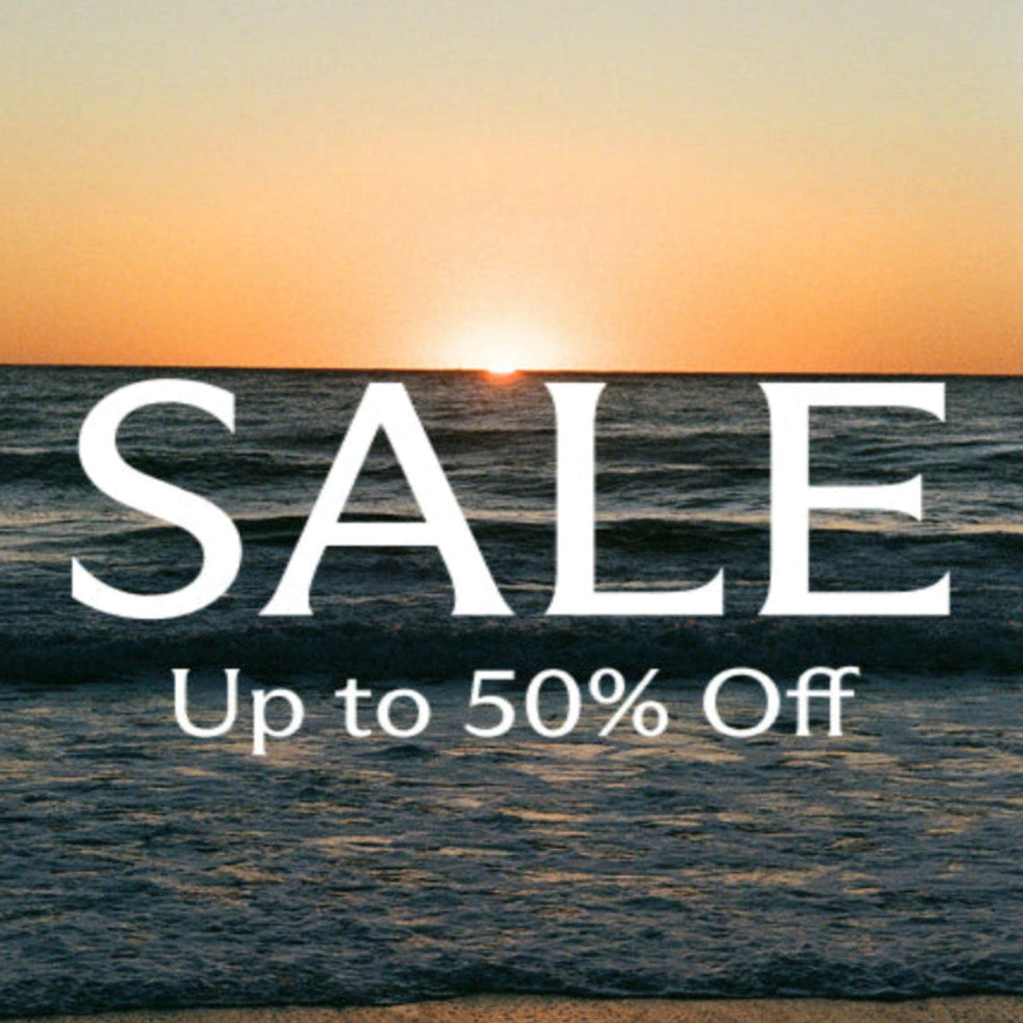 Sunset over water with 'SALE Up to 50% Off' text overlay