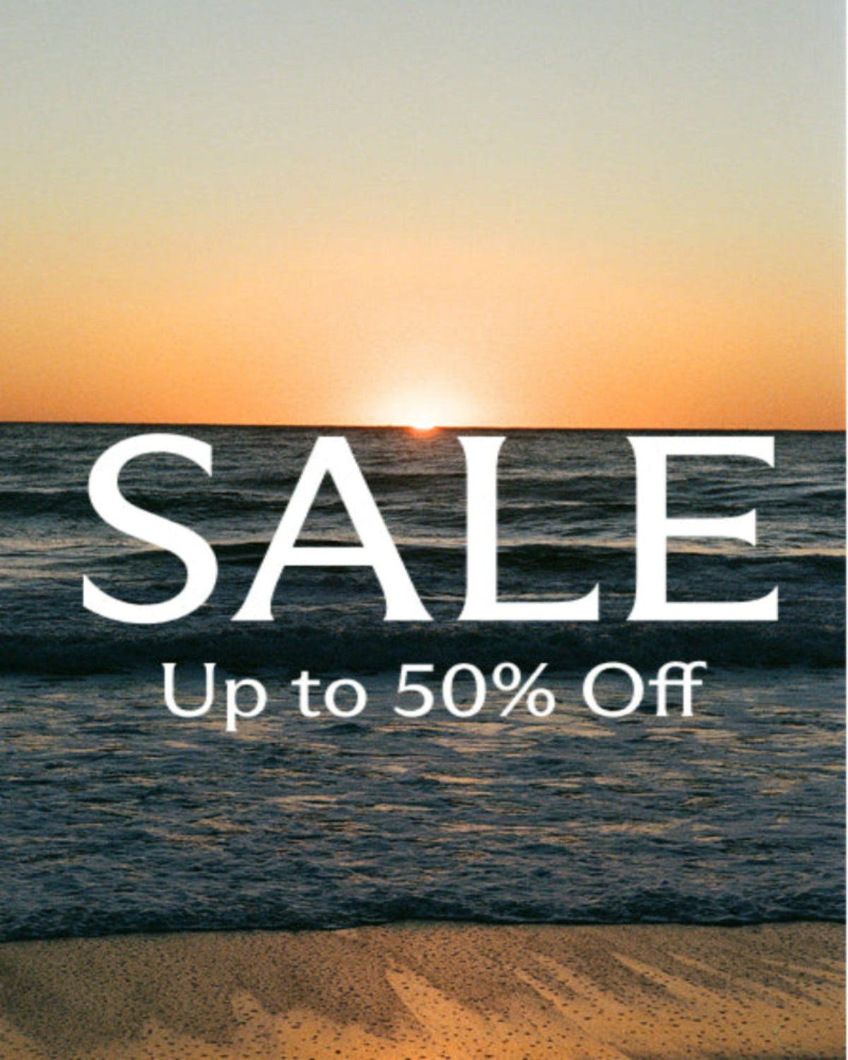 Sunset over water with 'SALE Up to 50% Off' text overlay