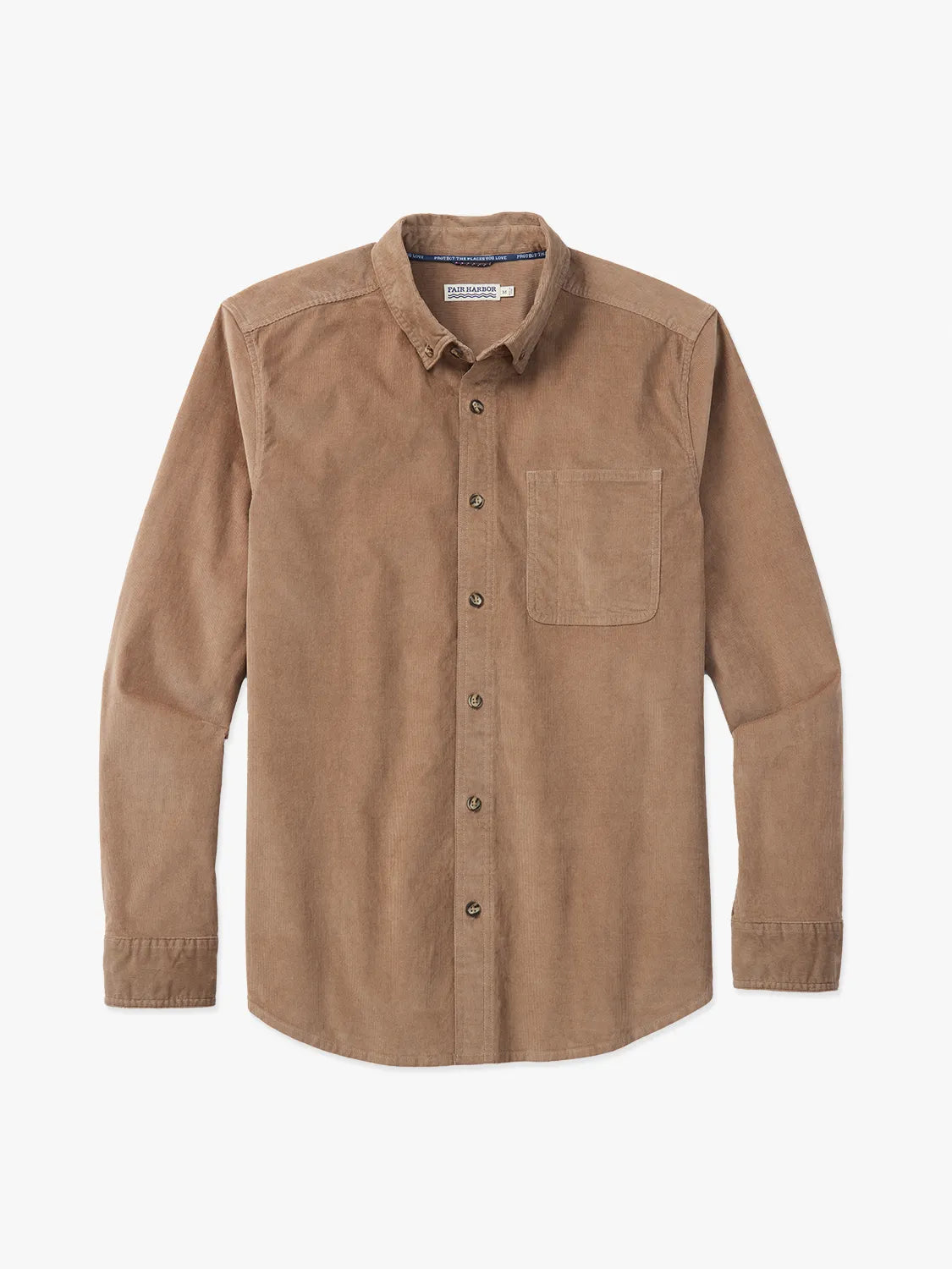 Brown corduroy button-up shirt on a white background.