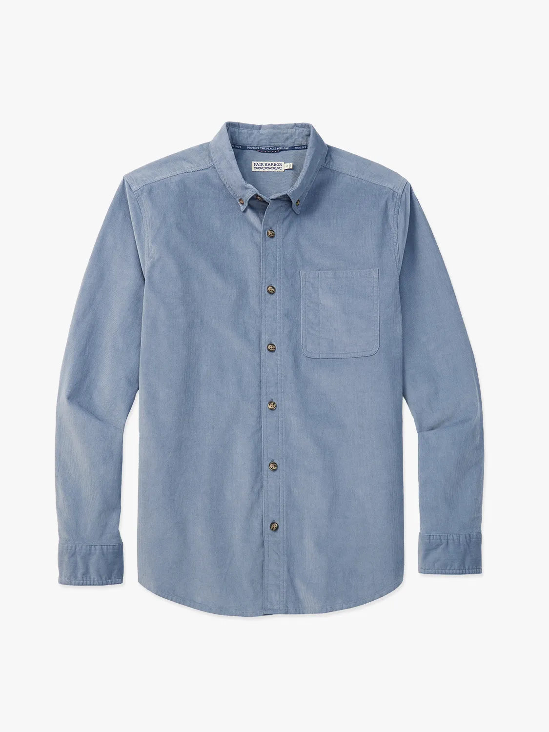 Blue corduroy button-up shirt on a light gray background