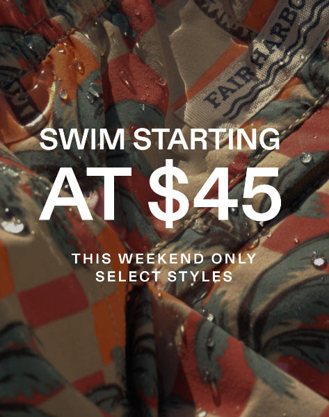 Colorful swimwear with brand label and promotional text overlay saying 