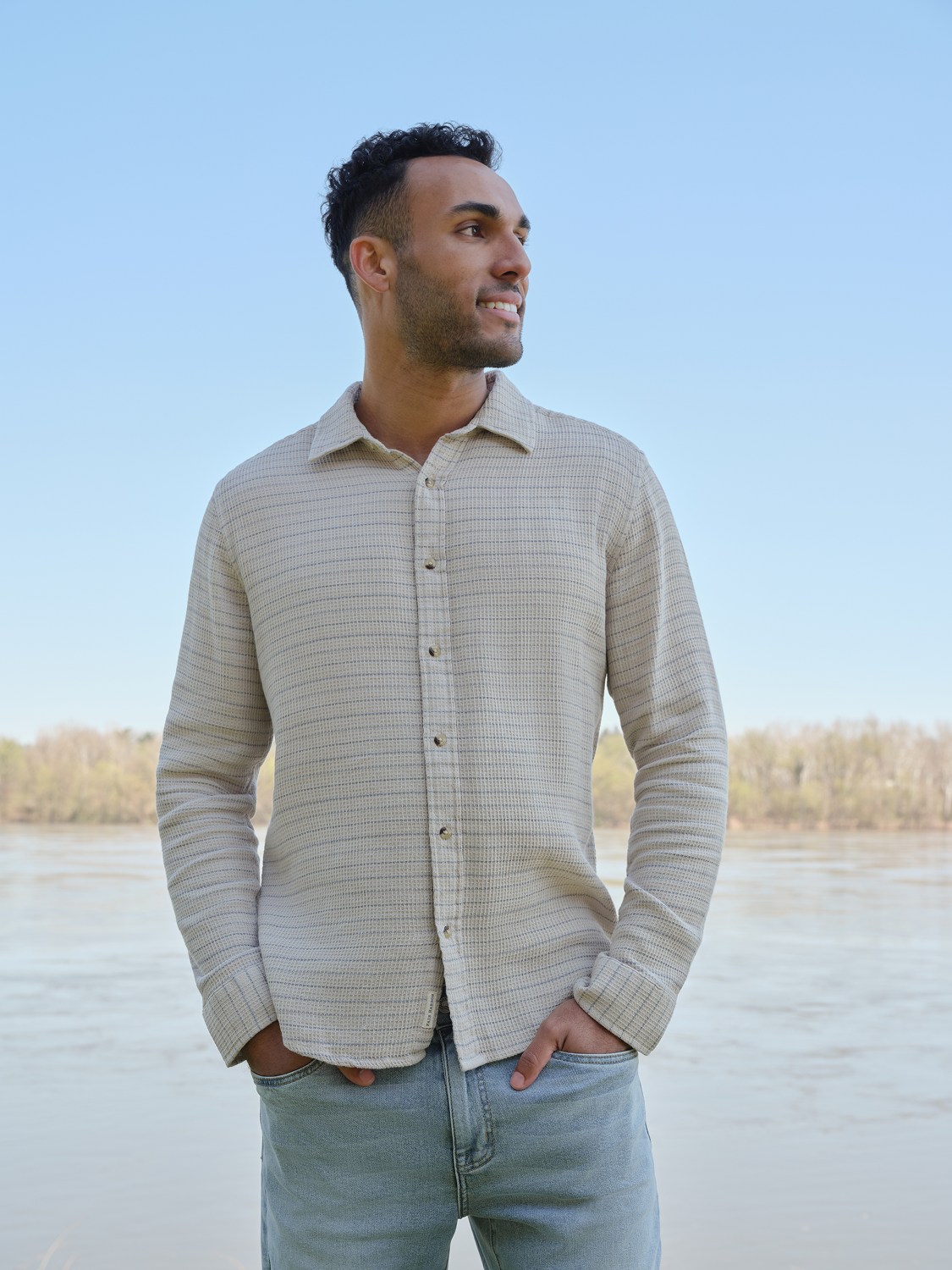 Oasis Long Sleeve Button Up | Sandbar Waffle Stripe